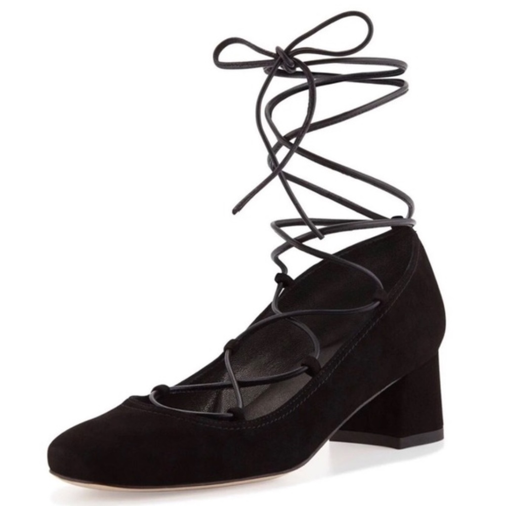 Stuart Weitzman Cordon Lace Up Ballerina Block Heel Pumps Black Suede 6